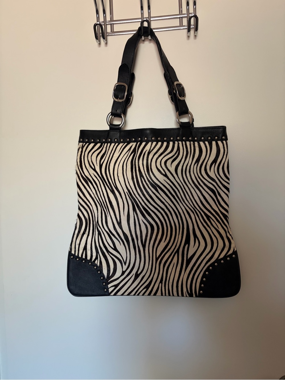 Aqua Madonna Black and Cream Zebra-Print Tote